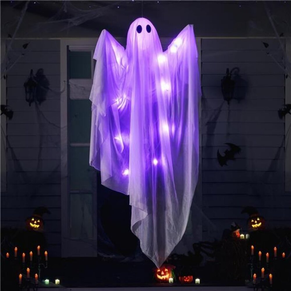Halloween Hanging Light up Ghost with Spooky Purple LED Light, 47” White Ghosts